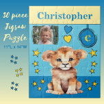 Niedlicher Löwe Foto heißt blaugelbe Kinder<br><div class="desc">30 Stück Puzzle für Kinder. Mit einem niedlichen Löwen,  mit Sternen und Lieben Herzen. Fügen Sie einen Namen,  ein Initial und ein Foto hinzu. Farbschema: blaue und gelbe Geschenkidee für Kinder.</div>