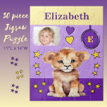 Niedlicher Löwe Foto Name lila Gelbe Kinder<br><div class="desc">30 Stück Puzzle für Kinder. Mit einem niedlichen Löwen,  mit Sternen und Lieben Herzen. Fügen Sie einen Namen,  ein Initial und ein Foto hinzu. Farbschema: lila und gelbe Geschenkidee für Kinder.</div>