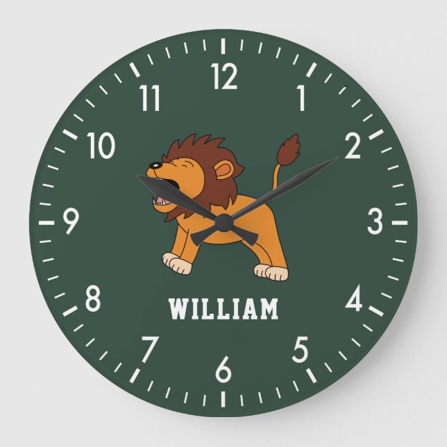 Niedlicher LöwenPersonalisierter Individuelle Name Große Wanduhr (Vorderseite)