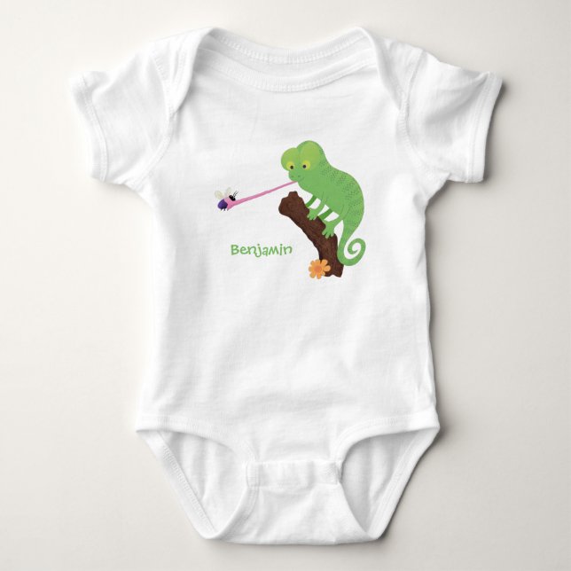 Niedlicher, lustig-grün-fröhlicher Chameleon-Carto Baby Strampler (Vorderseite)