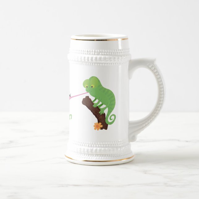 Niedlicher, lustig-grün-fröhlicher Chameleon-Carto Bierglas (Rechts)