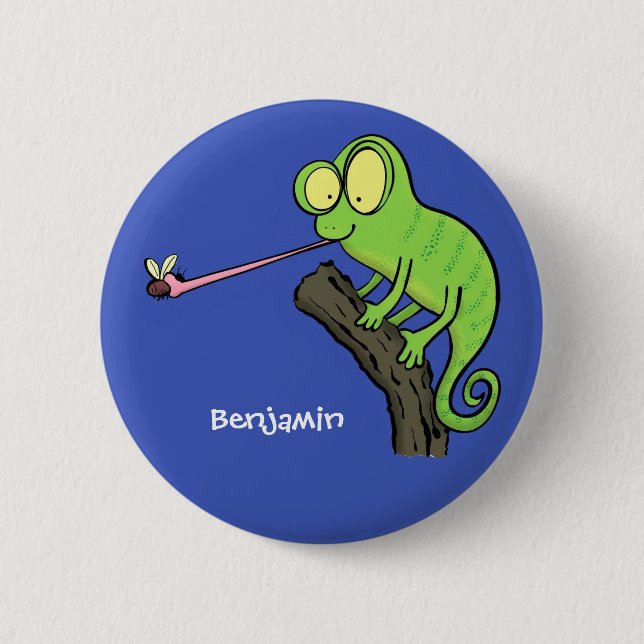Niedlicher, lustig-grün-fröhlicher Chameleon-Carto Button (Vorderseite)