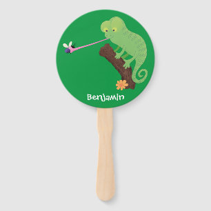 Niedlicher, lustig-grün-fröhlicher Chameleon-Carto Fächer