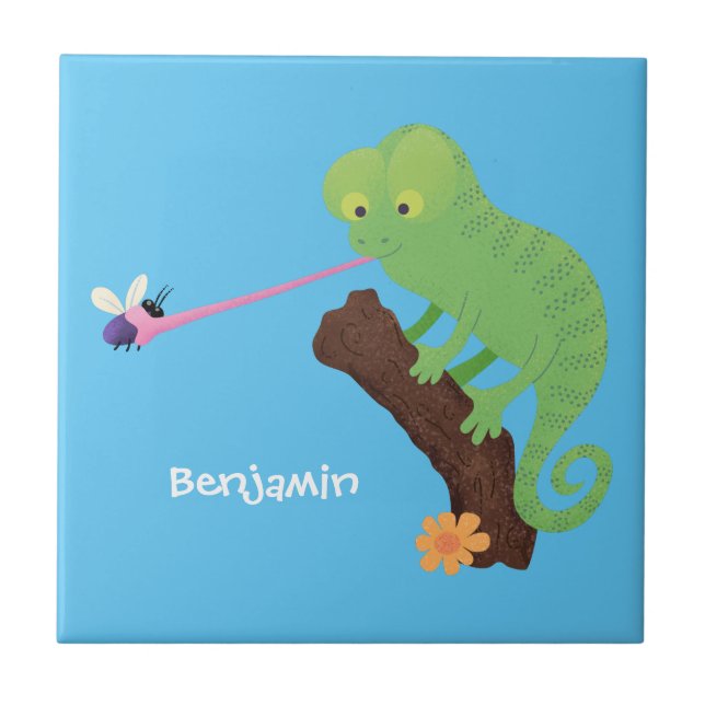 Niedlicher, lustig-grün-fröhlicher Chameleon-Carto Fliese (Vorderseite)