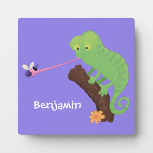 Niedlicher, lustig-grün-fröhlicher Chameleon-Carto Fotoplatte