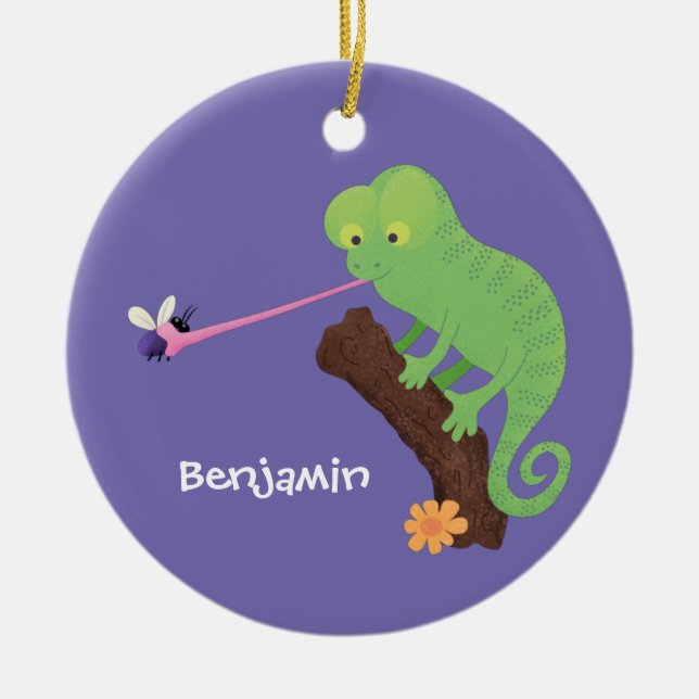 Niedlicher, lustig-grün-fröhlicher Chameleon-Carto Keramik Ornament (Vorne)