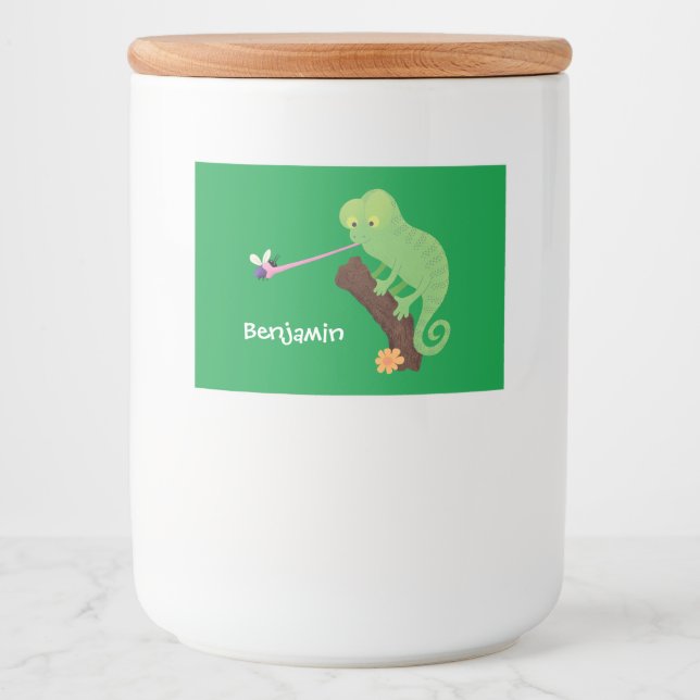 Niedlicher, lustig-grün-fröhlicher Chameleon-Carto Lebensmitteletikett (Vorderseite)