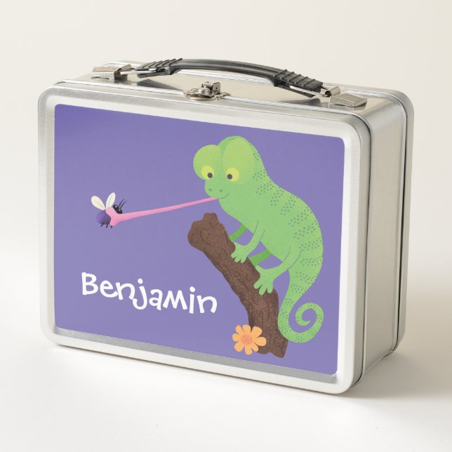 Niedlicher, lustig-grün-fröhlicher Chameleon-Carto Metall Brotdose (Vorderseite)