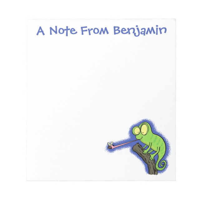 Niedlicher, lustig-grün-fröhlicher Chameleon-Carto Notizblock (Vorderseite)
