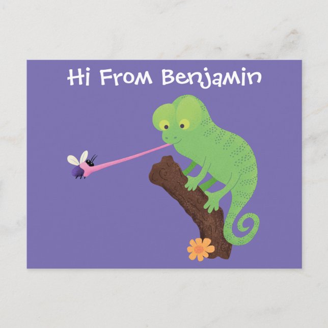 Niedlicher, lustig-grün-fröhlicher Chameleon-Carto Postkarte (Vorderseite)