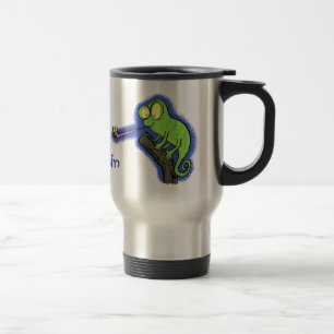 Niedlicher, lustig-grün-fröhlicher Chameleon-Carto Reisebecher