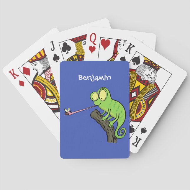 Niedlicher, lustig-grün-fröhlicher Chameleon-Carto Spielkarten (Rückseite)