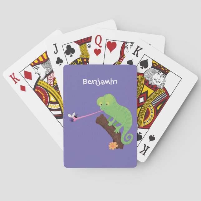 Niedlicher, lustig-grün-fröhlicher Chameleon-Carto Spielkarten (Rückseite)