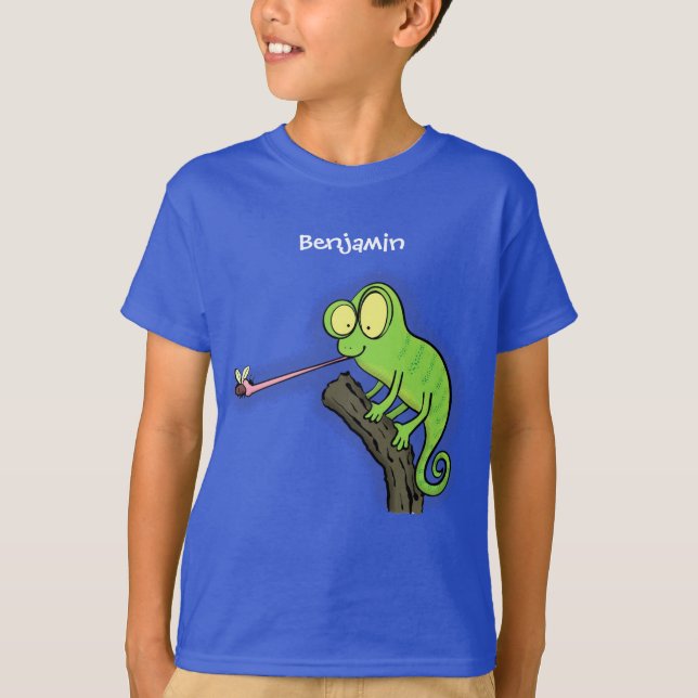 Niedlicher, lustig-grün-fröhlicher Chameleon-Carto T-Shirt (Vorderseite)