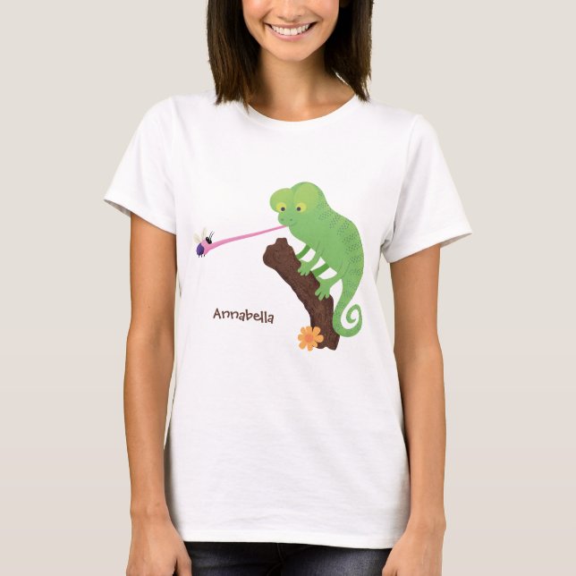 Niedlicher, lustig-grün-fröhlicher Chameleon-Carto T-Shirt (Vorderseite)