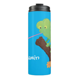 Niedlicher, lustig-grün-fröhlicher Chameleon-Carto Thermosbecher