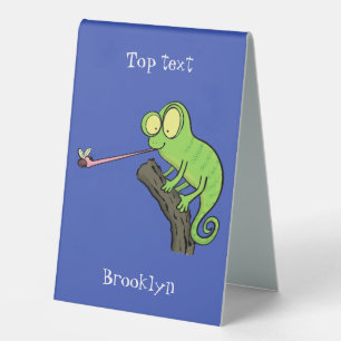 Niedlicher, lustig-grün-fröhlicher Chameleon-Carto Tischaufsteller