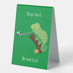 Niedlicher, lustig-grün-fröhlicher Chameleon-Carto Tischaufsteller