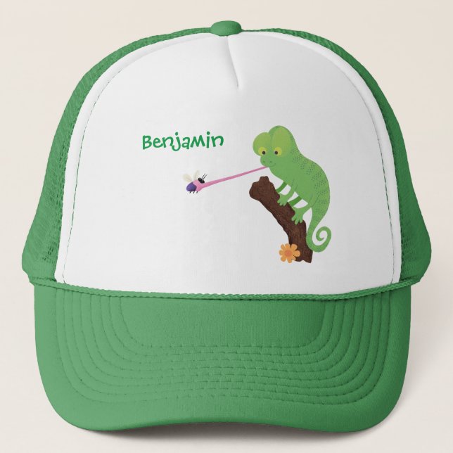 Niedlicher, lustig-grün-fröhlicher Chameleon-Carto Truckerkappe (Vorderseite)