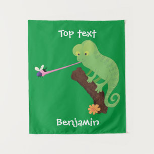Niedlicher, lustig-grün-fröhlicher Chameleon-Carto Wandteppich