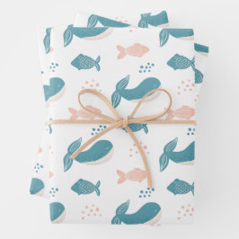 Niedlicher, lustiger Blauwal und Fisch. Nautische  Geschenkpapier Set