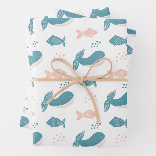 Niedlicher, lustiger Blauwal und Fisch. Nautische  Geschenkpapier Set (Beispiel)