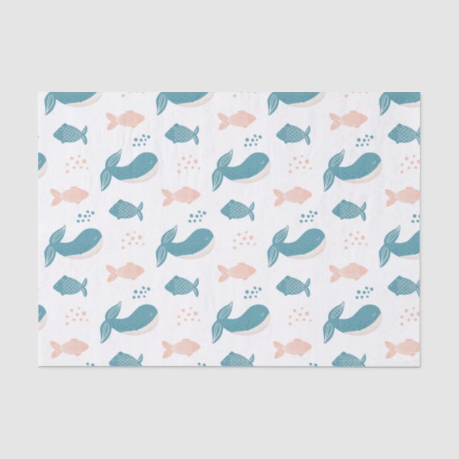Niedlicher, lustiger Blauwal und Fisch. Nautische  Seidenpapier (Vorderseite)