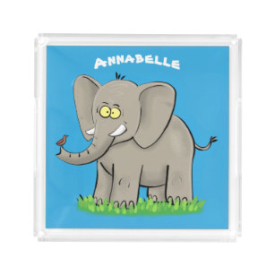 Niedlicher, lustiger Elefant mit Vogel auf Cartoon Acryl Tablett