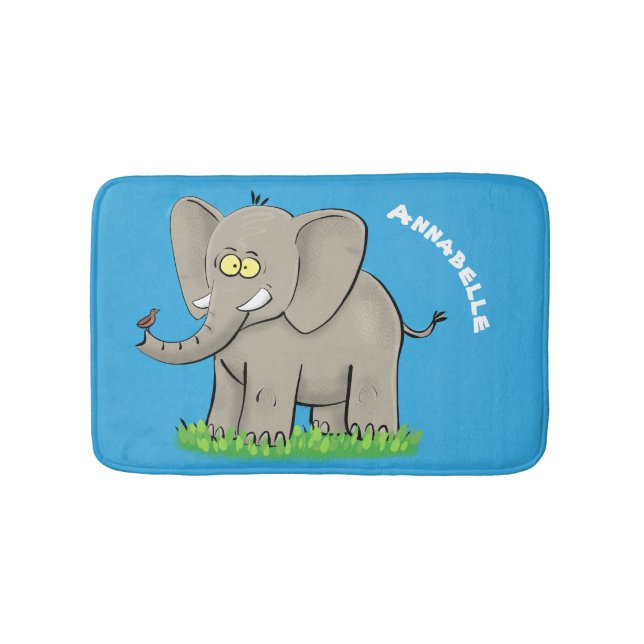 Niedlicher, lustiger Elefant mit Vogel auf Cartoon Badematte (Vorderseite)