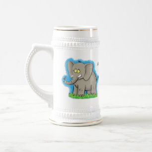 Niedlicher, lustiger Elefant mit Vogel auf Cartoon Bierglas