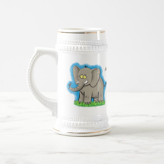 Niedlicher, lustiger Elefant mit Vogel auf Cartoon Bierglas (Links)