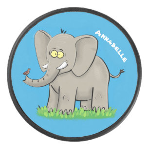 Niedlicher, lustiger Elefant mit Vogel auf Cartoon Eishockey Puck