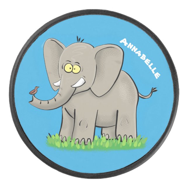 Niedlicher, lustiger Elefant mit Vogel auf Cartoon Eishockey Puck (Vorderseite)