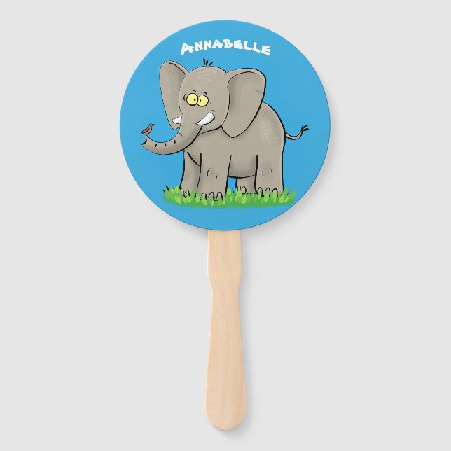 Niedlicher, lustiger Elefant mit Vogel auf Cartoon Fächer (Vorderseite)