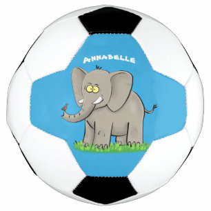 Niedlicher, lustiger Elefant mit Vogel auf Cartoon Fußball