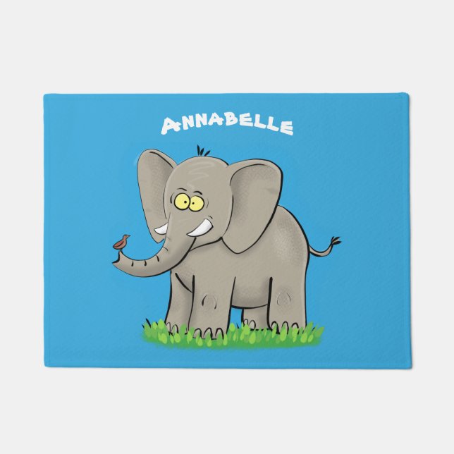 Niedlicher, lustiger Elefant mit Vogel auf Cartoon Fußmatte (Vorderseite)