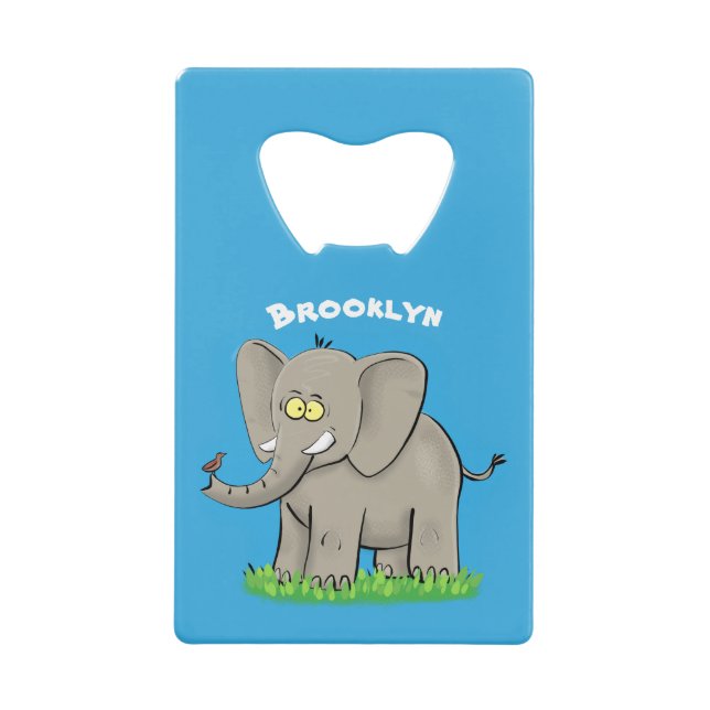 Niedlicher, lustiger Elefant mit Vogel auf Cartoon Geldbeutel Flaschenöffner (Vorderseite)