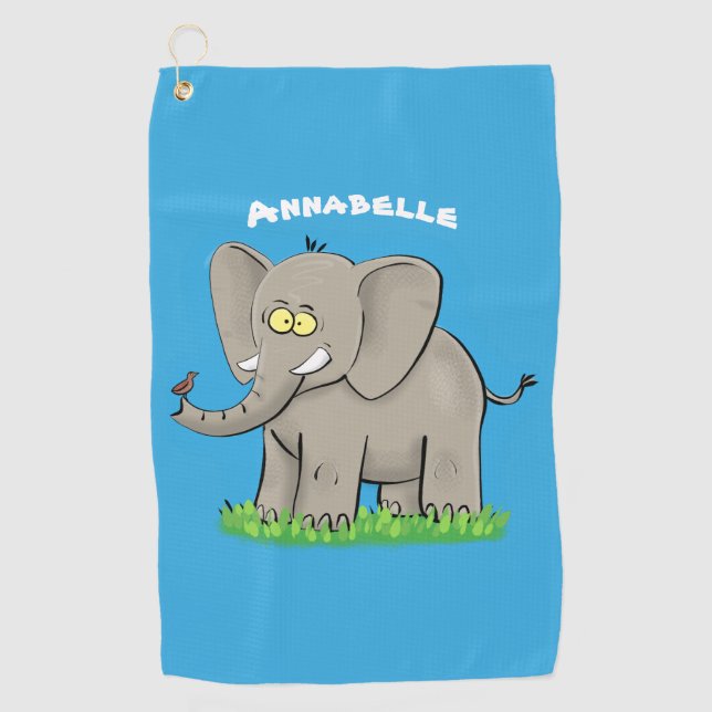 Niedlicher, lustiger Elefant mit Vogel auf Cartoon Golfhandtuch (Vorderseite)