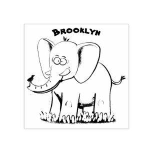 Niedlicher, lustiger Elefant mit Vogel auf Cartoon Gummistempel