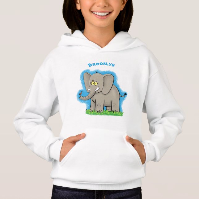 Niedlicher, lustiger Elefant mit Vogel auf Cartoon Hoodie (Vorderseite)