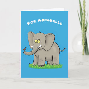 Niedlicher, lustiger Elefant mit Vogel auf Cartoon Karte