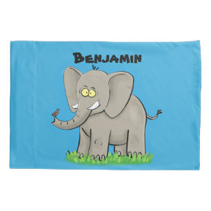 Niedlicher, lustiger Elefant mit Vogel auf Cartoon Kissenbezug