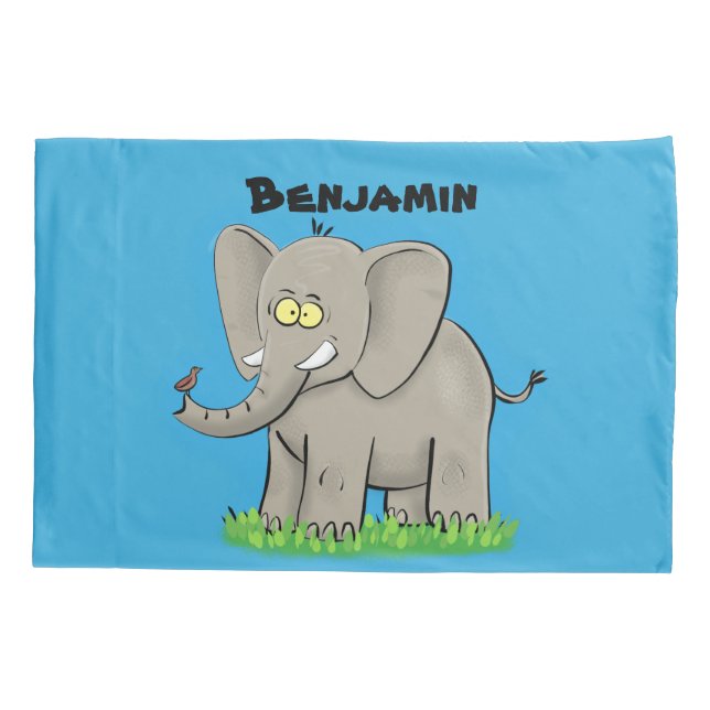 Niedlicher, lustiger Elefant mit Vogel auf Cartoon Kissenbezug (Rückseite)