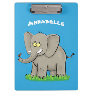 Niedlicher, lustiger Elefant mit Vogel auf Cartoon Klemmbrett