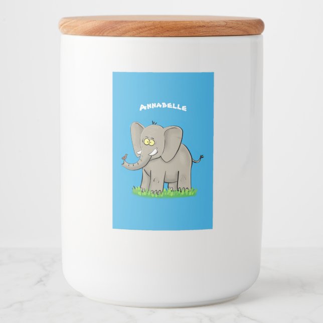 Niedlicher, lustiger Elefant mit Vogel auf Cartoon Lebensmitteletikett (Vorderseite)