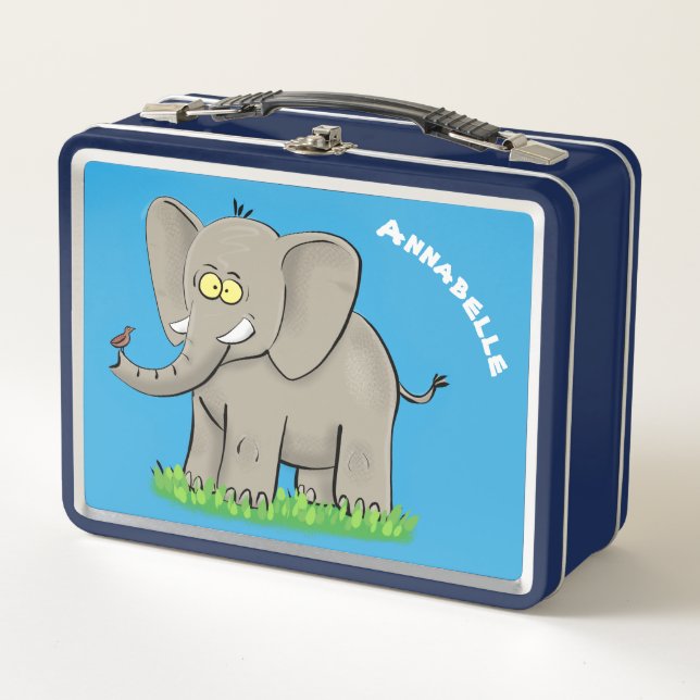 Niedlicher, lustiger Elefant mit Vogel auf Cartoon Metall Brotdose (Vorderseite)