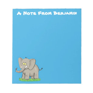 Niedlicher, lustiger Elefant mit Vogel auf Cartoon Notizblock