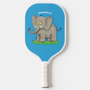 Niedlicher, lustiger Elefant mit Vogel auf Cartoon Pickleball Schläger