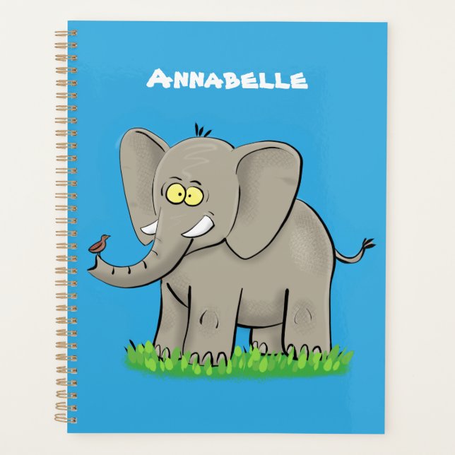 Niedlicher, lustiger Elefant mit Vogel auf Cartoon Planer (Vorderseite)