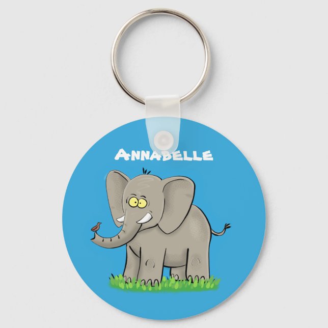 Niedlicher, lustiger Elefant mit Vogel auf Cartoon Schlüsselanhänger (Vorderseite)